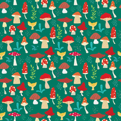 Amanita mushroom seamless pattern. Mushrooms background.