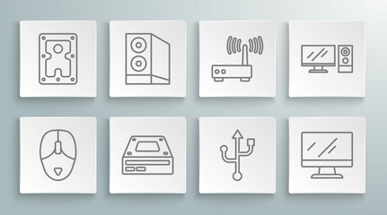 Set line Computer mouse, Case of computer, Optical disc drive, USB, monitor screen, Router and wi-fi signal, and Hard disk HDD icon. Vector