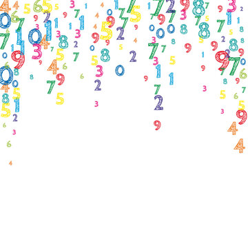 Falling colorful orderly numbers. Math study concept with flying digits. Unusual back to school mathematics banner on white background. Falling numbers vector illustration.