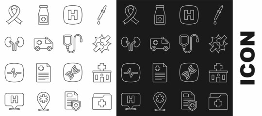 Set line Patient record, Hospital building, Joint pain, knee pain, signboard, Ambulance car, Human kidneys, Awareness ribbon and IV bag icon. Vector
