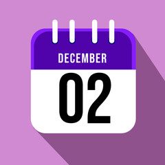 December day 2. Number two on a white paper with purple border on a pink background, calendar sheet. Vector illustration.