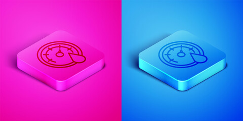 Isometric line Sauna thermometer icon isolated on pink and blue background. Sauna and bath equipment. Square button. Vector