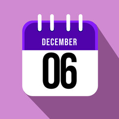 December day 6. Number six on a white paper with purple border on a pink background, calendar sheet. Vector illustration.