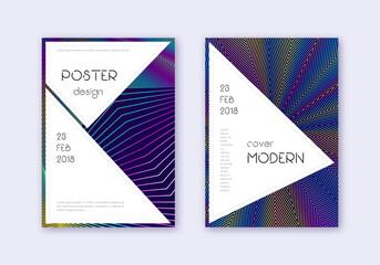 Stylish cover design template set. Rainbow abstract lines on dark blue background. Fantastic cover design. Graceful catalog, poster, book template etc.