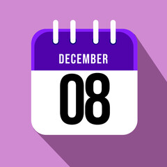 December day 8. Number eight on a white paper with purple border on a pink background, calendar sheet. Vector illustration.