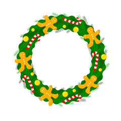 Christmas wreath decorated with balls, candy and gingerman. Vector illustration