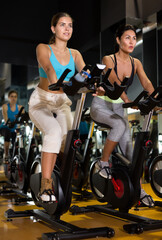 Fototapeta na wymiar Young sporty women doing cardio workout out at gym, training on exercise bikes