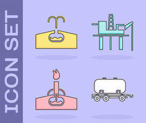 Set Oil railway cistern, Oilfield, Oil rig with fire and Oil platform in the sea icon. Vector