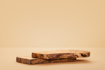 Rustic board podium. Background for products cosmetics, food or jewellery. Front view.	