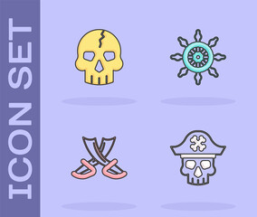 Set Pirate captain, Skull, Crossed pirate swords and Ship steering wheel icon. Vector