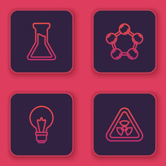 Set line Test tube and flask, Light bulb with concept of idea, Molecule and Triangle radiation. Blue square button. Vector