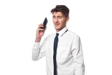 Naklejka premium manager in white shirt with tie office emotions isolated background