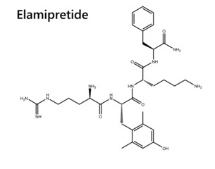 Elamipretide is a small mitochondrially-targeted tetrapeptide that appears to reduce the production of toxic reactive oxygen species and stabilize cardiolipin