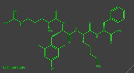 Elamipretide is a small mitochondrially-targeted tetrapeptide that appears to reduce the production of toxic reactive oxygen species and stabilize cardiolipin.
