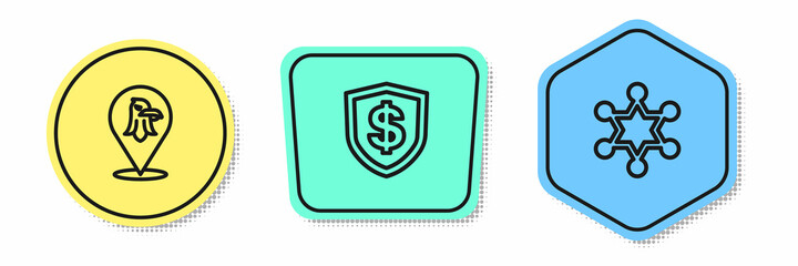Set line Eagle, Shield with dollar and Hexagram sheriff. Colored shapes. Vector