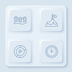 Set line Location, Mountains with flag, Pie chart infographic and Clock. White square button. Vector