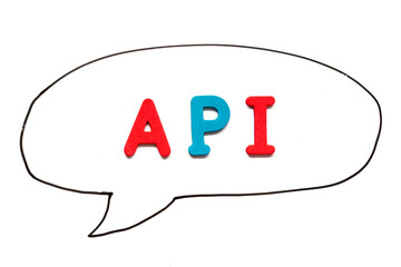 Alphabet letter with word API (Abbreviation of Application programming interface or Active pharmaceutical ingredient) in black line hand drawing as bubble speech on white board background