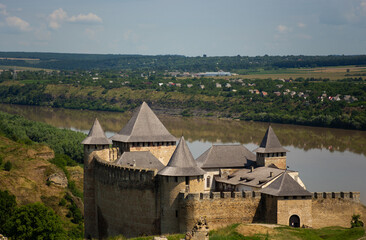 Fototapeta na wymiar Old medieval castle in the city of Khotyn in the afternoon in summer