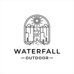 waterfall outdoor logo line art vector illustration template icon graphic design. simple minimalist of nature and adventure logo with badge emblem