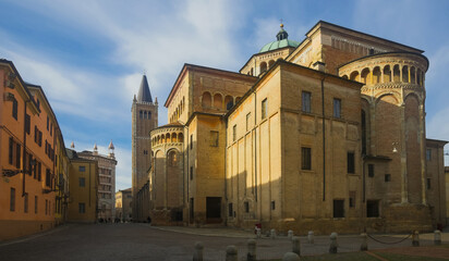 Fototapeta na wymiar Baptistery and Cathedral is religious landmark of italian city Parma outdoors.