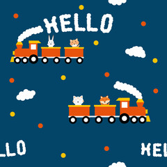Naklejka premium cute train with animal riding in blue background seamless pattern for print or fabric