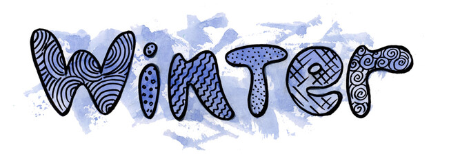 Black line art lettering Winter text on white background and watercolor blue splash. Hand drawing design