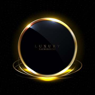 Abstract 3D black glossy circles golden ring round frame and lighting effect with gold particle on black background