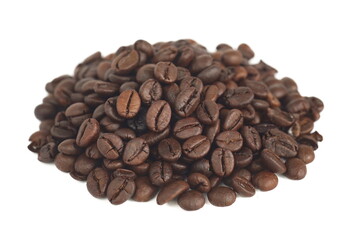 Dark roasted Robusta coffee beans isolated on white.