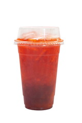 Iced tea in plastic cup isolated on white background.