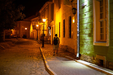 View on the street in Kam'yanets'-Podil's'kyi at night