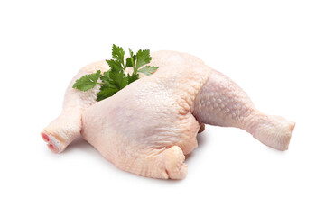 Raw chicken leg quarters with parsley on white background