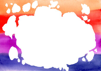 Abstract big white Blobs and Drops on colorful Watercolor horizontal lines textured background. Hand drawn rainbow colored. Mottled Splash in the paper. Spring and summer colors. Red and orange