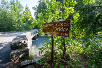 Sign for Avalanche Creek Bridge in Glacier National Park Montana