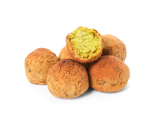 Pile of delicious falafel balls on white background