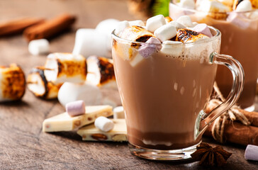 Hot chocolate drink with fried marshmallow in glass cups and winter decoration on wooden table. Concept of cosy Christmas and New Year holidays