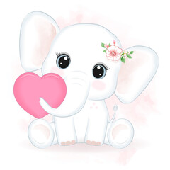 Cute little Elephant and heart hand drawn illustration