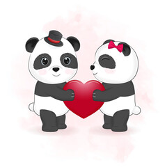 Cute couple panda and heart valentine's day concept illustration