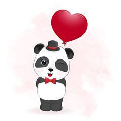 Cute panda and heart balloon, valentine's day concept illustration