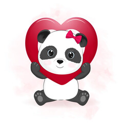 Cute panda and heart valentine's day concept illustration