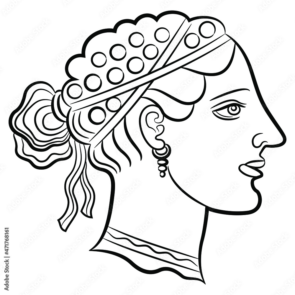 Wall mural head of a beautiful ancient greek woman in profile. female portrait. black and white linear silhouet