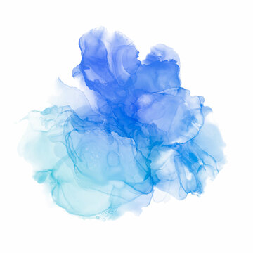 Abstract blue painting by watercolor and alcohol ink texture isolated on white background.