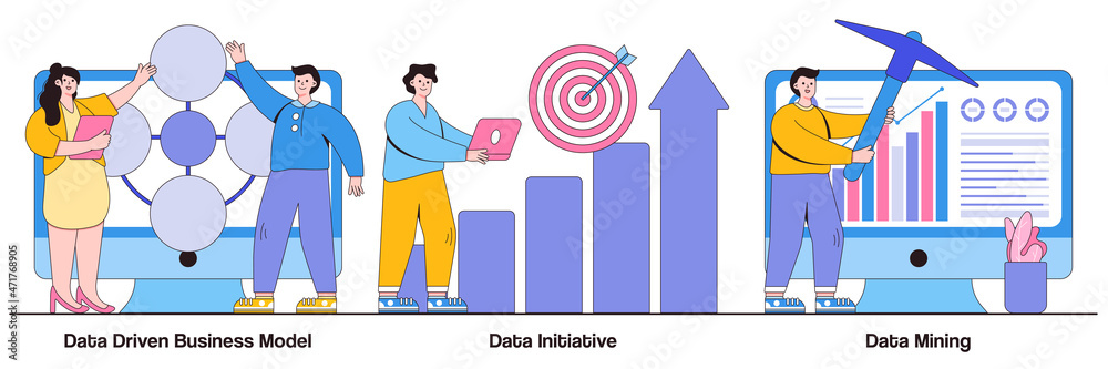 Poster data driven business model, data initiative, data mining concept with tiny people. machine learning 
