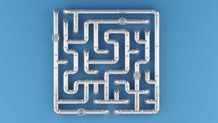 Oil pipes on a blue background. A maze and a QR code form made of steel pipes. 3d illustration. - 471770167