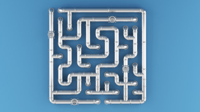 Oil pipes on a blue background. A maze and a QR code form made of steel pipes. 3d illustration.
