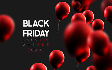 Black friday sale poster. Red balloons on dark background. Vector illustration