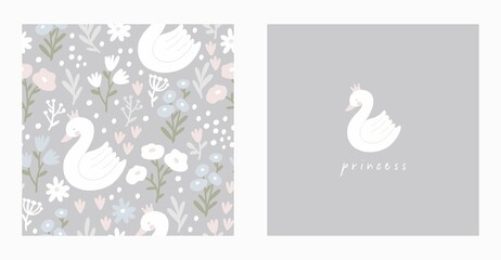 Cute hand drawn Swan and Flowers - vector print. Seamless pattern with cartoon swan, flowers, leaf  © NadezdaBarkova