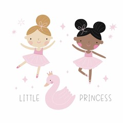 Cute little ballerina - vector print in flat style. Cute little ballerina in pointe shoes. The princess girl is dancing - ballet for the nursery