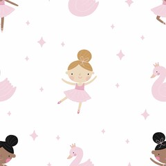 Cute little ballerina - vector seamless pattern in flat style. Cute little ballerina in  pointe shoes. The princess girl is dancing - ballet for the nursery