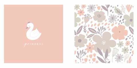 Cute hand drawn Swan and Flowers - vector print. Seamless pattern with cartoon swan, flowers, leaf 