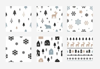 Scandinavian Christmas - vector seamless pattern. Winter clipart - Snowflakes, stars, houses, tree. Happy Holidays